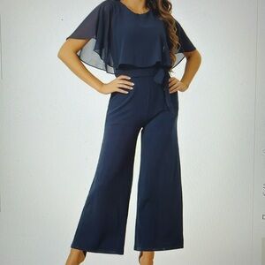 Allegra K Womens Medium Jumpsuit Cape Sleeve Wide Leg Pants Casual Navy